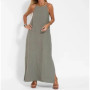 Women Cotton linen Side Split Long Slip Dress Summer Lady Strapless Solid Color Holiday Party Dresses