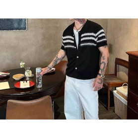 New Retro Contrasting Color Lapel Button Versatile Knitted Shirt Short Sleeved Cardigan Men's Summer Jacket