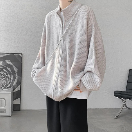 Spring Cardigan Coat Mens Knitted Sweater Stand Collar Loose Fit Big Tall Plus Size Solid Color Casual Outwear 2025 Fashion