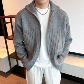 Spring and Summer New Cardigan Knitted Sweater Men's Striped Jacket Warm British Business