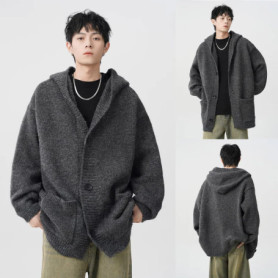 Spring and Autumn Grey Casual Knitted Cardigan Hooded Sweater Pocket Korean Fashion Jacket Y2K Men's Wear