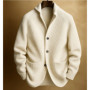2026 Spring Autumn Men's Fashion Casual Knit Cardigan Single Breasted Green Fruit-shaped Collar Solid Color Long Sleeve Jacket