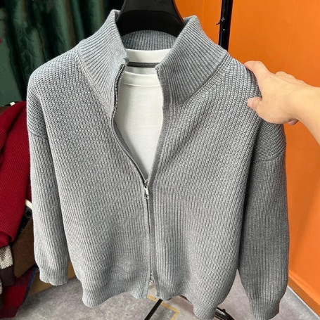 Men's Open Cardigan Solid Color Zipper Knitted Sweater Slim Fit Stand-up Collar Half-high Outerwear