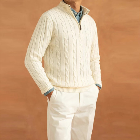 Autumn Men Half-zipper Knitted Sweater Long Sleeve Solid Color Textured Luxury Pullovers Korean Popular Leisure Vintage Knitwear