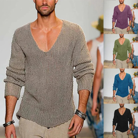 European and American men's long sleeved V-neck loose plus size men's luxury fashion casual solid color knitted pullover sweater