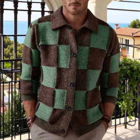 New British Retro Men Check Cardigan Jacket Light Luxury Knitted Polo Neck Long Sleeve Sweater Coat Fashion Trend Plaid Knitwear