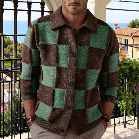 New British Retro Men Check Cardigan Jacket Light Luxury Knitted Polo Neck Long Sleeve Sweater Coat Fashion Trend Plaid Knitwear