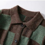 New British Retro Men Check Cardigan Jacket Light Luxury Knitted Polo Neck Long Sleeve Sweater Coat Fashion Trend Plaid Knitwear