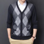 Spring Autumn Men's Argyle Patchwork Knit Cardigan Fashion V-Neck Smart Casual Knitted Sweatercoat Men Slim Fit Sweater Cardigan