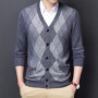 Spring Autumn Men's Argyle Patchwork Knit Cardigan Fashion V-Neck Smart Casual Knitted Sweatercoat Men Slim Fit Sweater Cardigan