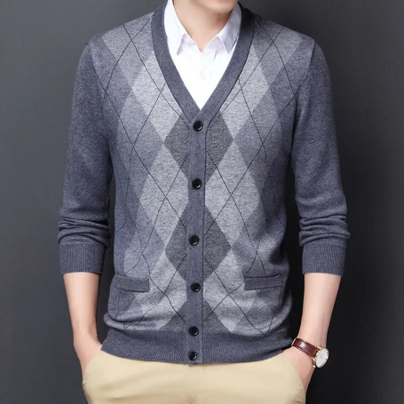 Spring Autumn Men's Argyle Patchwork Knit Cardigan Fashion V-Neck Smart Casual Knitted Sweatercoat Men Slim Fit Sweater Cardigan