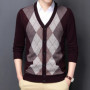 Spring Autumn Men's Argyle Patchwork Knit Cardigan Fashion V-Neck Smart Casual Knitted Sweatercoat Men Slim Fit Sweater Cardigan