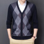 Spring Autumn Men's Argyle Patchwork Knit Cardigan Fashion V-Neck Smart Casual Knitted Sweatercoat Men Slim Fit Sweater Cardigan