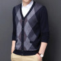 Spring Autumn Men's Argyle Patchwork Knit Cardigan Fashion V-Neck Smart Casual Knitted Sweatercoat Men Slim Fit Sweater Cardigan