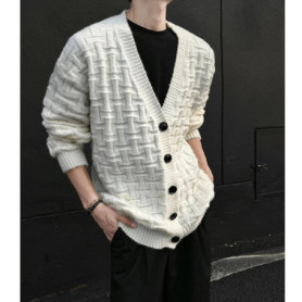 American Style Cardigans Men V-neck Solid Jacquard Pattern Streetwear Autumn Winter New Popular Male Casual Daily Knitting Coat