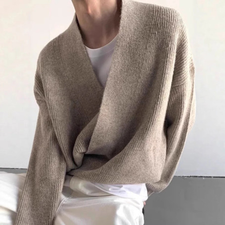 Irregular Diagonal Button V-neck Cardigan Sweater Men's 2026 Spring Design Sense Lazy Wind Knitted Sweater