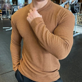 2026 Men's Casual Long Sleeve Knitted Pullovers O-Neck Solid Daily Sports T-shirts Simple Knit Tops Men's Bottoming Shirts Tees