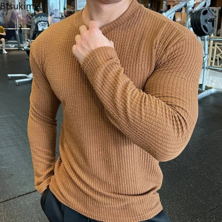 2026 Men's Casual Long Sleeve Knitted Pullovers O-Neck Solid Daily Sports T-shirts Simple Knit Tops Men's Bottoming Shirts Tees