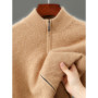 2026 Spring/Autumn New Men's Coat 100 Merino Wool Half High Neck Zipper Cardigan Fashion Casual Loose Warm Knit Sweater Jacket