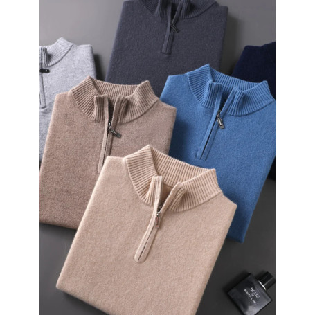 CHICUU Men's 100 Cashmere Sweater Zipper Pullover Mock Neck Long Sleeve Basic Cashmere Knitwear Autumn Winter Clothing Tops
