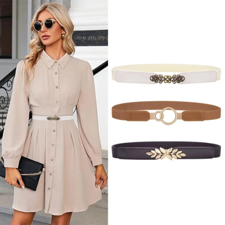 SISHION Summer Fashion Women Belts for Dress SH031 PU Leather Thin Elastic Waist Belt Slim Waistband Black Camel Coffee
