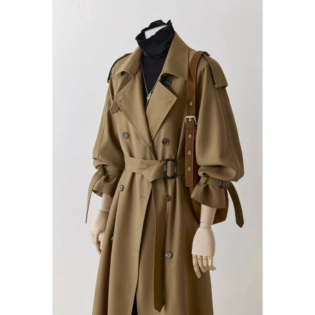 Lautaro Spring Autumn Oversized Khaki Long Trench Coat for Women Double Breasted Loose Casual Black Korean Fashion Overcoat 2025