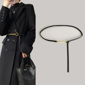 2025 New Women's Genuine Split Leather Belt 1.0cm Thin Gold Twist Buckle for Dress Coat Jeans Casual