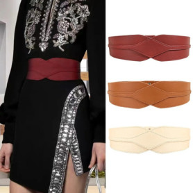 Fashion Women's Wide Belt Solid Color Geometric Pattern PU Leather High Quality Luxury Elastic Waistband Coat Dress Decoration
