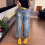 Retro High Waist Denim Jeans Women Spring Summer New Style Loose Fit Wide Leg Nine Points Pants Fashion Leisure Women Jeans