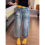 Retro High Waist Denim Jeans Women Spring Summer New Style Loose Fit Wide Leg Nine Points Pants Fashion Leisure Women Jeans