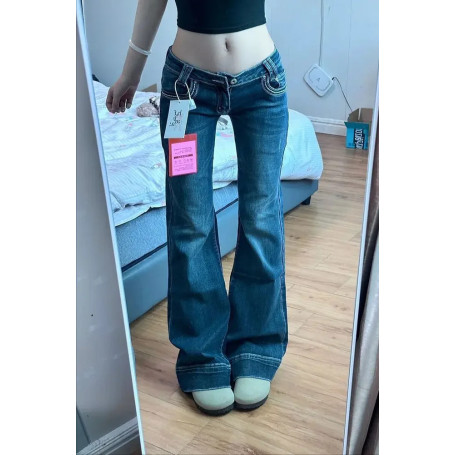 2025 Vintage High Street Low-Waisted Jeans Women Summer All-Match Wide Leg Y2K Denim Trousers Female Sexy Slim Fit Flares Pants