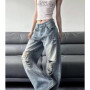2025 Summer High Waist Ripped Women's Blue Jeans American Vintage Streetwear Y2K Wide Leg Jean 2000s Trouser Baggy Denim Pants