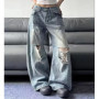 2025 Summer High Waist Ripped Women's Blue Jeans American Vintage Streetwear Y2K Wide Leg Jean 2000s Trouser Baggy Denim Pants