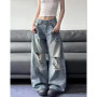 2025 Summer High Waist Ripped Women's Blue Jeans American Vintage Streetwear Y2K Wide Leg Jean 2000s Trouser Baggy Denim Pants