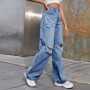 Denim Jeans Women Pant Wide Leg Long Pants Casual Loose High Waist Button Y2k Streetwear Hole Temperament Work Straight Trousers