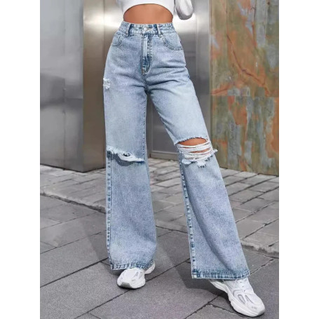 Denim Jeans Women Pant Wide Leg Long Pants Casual Loose High Waist Button Y2k Streetwear Hole Temperament Work Straight Trousers