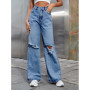 Denim Jeans Women Pant Wide Leg Long Pants Casual Loose High Waist Button Y2k Streetwear Hole Temperament Work Straight Trousers