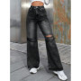 Denim Jeans Women Pant Wide Leg Long Pants Casual Loose High Waist Button Y2k Streetwear Hole Temperament Work Straight Trousers