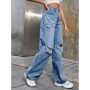Denim Jeans Women Pant Wide Leg Long Pants Casual Loose High Waist Button Y2k Streetwear Hole Temperament Work Straight Trousers