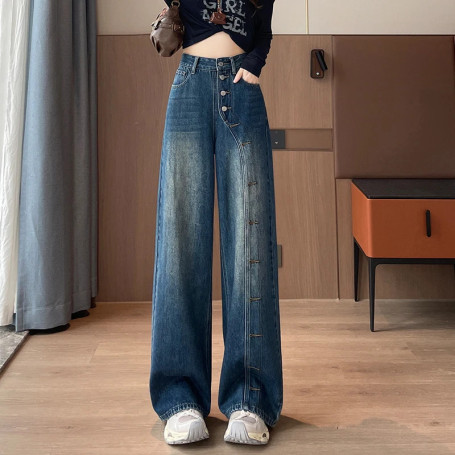 High Waist Wide Leg Jeans Women Diagonal Button Straight Denim Pants American Vintage Loose Baggy Trousers Casual Streetwear