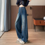 High Waist Wide Leg Jeans Women Diagonal Button Straight Denim Pants American Vintage Loose Baggy Trousers Casual Streetwear