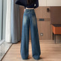 High Waist Wide Leg Jeans Women Diagonal Button Straight Denim Pants American Vintage Loose Baggy Trousers Casual Streetwear