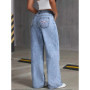 Women's Back Pocket Bow Embroidered Fashionable Wide Leg Pants Versatile Washed Denim Trousers
