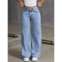 Women's Back Pocket Bow Embroidered Fashionable Wide Leg Pants Versatile Washed Denim Trousers