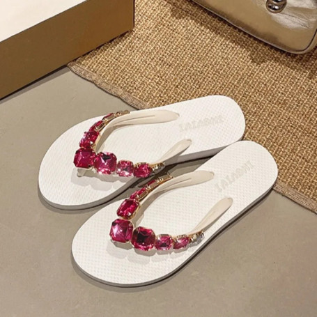 Women's Slippers Checked Rhinestone Flip Flops Non Slip Flat Bottom Pinch Slippers Woman Square Diamond Solid Color Beach Shoes