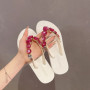 Women's Slippers Checked Rhinestone Flip Flops Non Slip Flat Bottom Pinch Slippers Woman Square Diamond Solid Color Beach Shoes
