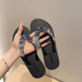 Women's Slippers Checked Rhinestone Flip Flops Non Slip Flat Bottom Pinch Slippers Woman Square Diamond Solid Color Beach Shoes