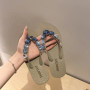 Women's Slippers Checked Rhinestone Flip Flops Non Slip Flat Bottom Pinch Slippers Woman Square Diamond Solid Color Beach Shoes