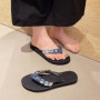 Women's Slippers Checked Rhinestone Flip Flops Non Slip Flat Bottom Pinch Slippers Woman Square Diamond Solid Color Beach Shoes