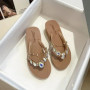 Summer 2025 Rhinestone Slippers for Women's Outdoor Wedges Heel Casual Beach Thick Bottom Sandals Comfortable Flip-flops Beach